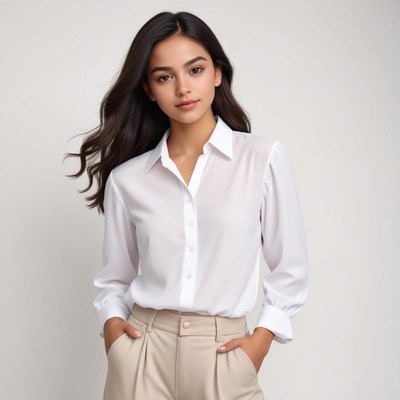 Stylish woman wearing a white blouse and beige trousers
