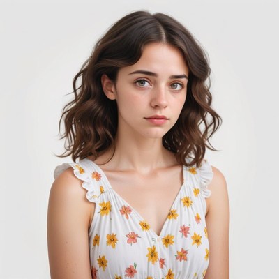Young woman in floral dress with soft expressions