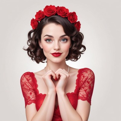 Young woman in red dress shows love with heart gesture