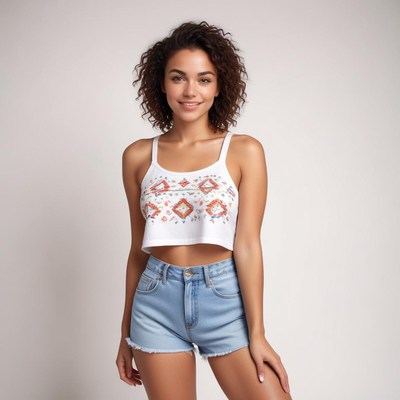 Model models trendy summer outfit with embroidery