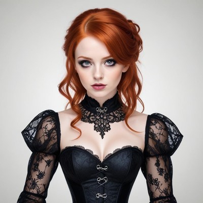 Elegant woman in stunning black lace dress with red hair