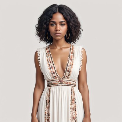 Portrait of a woman in a stylish dress with intricate design