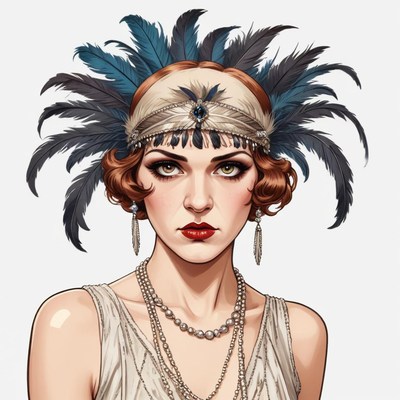 Elegant woman in 1920s style with feathers and pearls