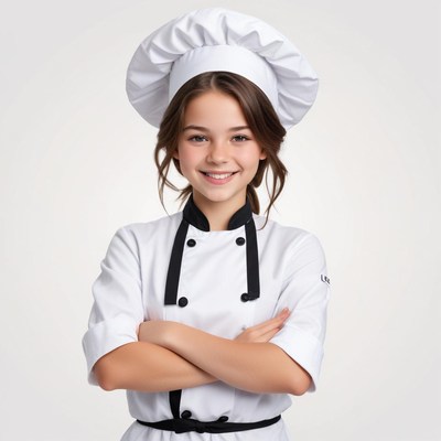 Young chef smiling confidently in a white apron