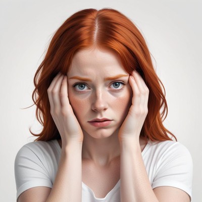 Young woman expressing concern in a calm studio setting