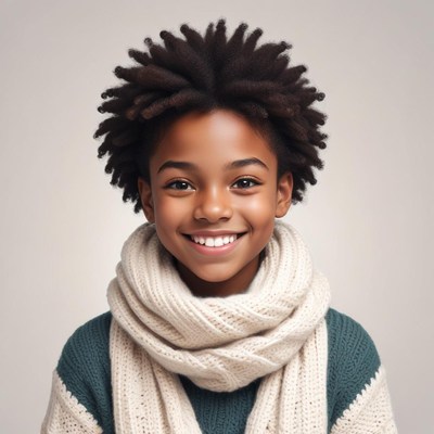 Young girl smiles warmly in cozy scarf and sweater