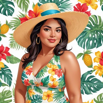 Woman in tropical outfit with hat among colorful flowers