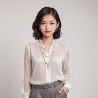 Stylish young woman poses in elegant outfit for portrait