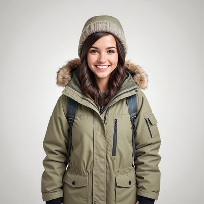 Young woman smiling in warm winter coat and hat