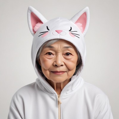 Elderly woman wearing a cute cat hoodie at home