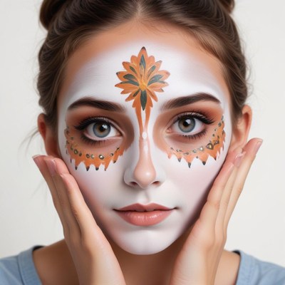 Face art design with intricate patterns on a young woman