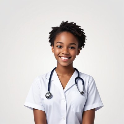 Young girl smiling in medical scrubs with stethoscope