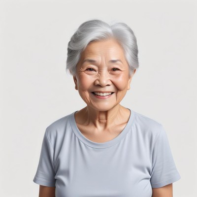 Smiling elderly woman in casual gray shirt
