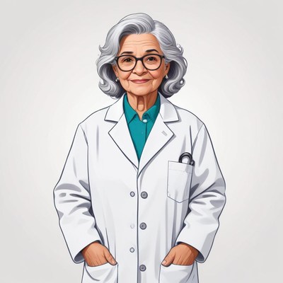 Elderly doctor in a white coat with glasses