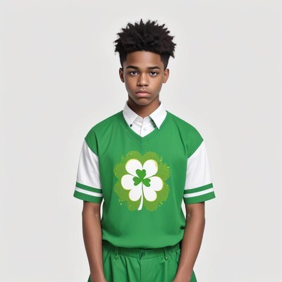 Boy wearing green shirt with shamrock design indoors