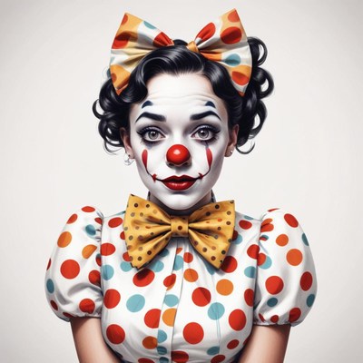 Clown performer with vibrant polka dot costume and makeup