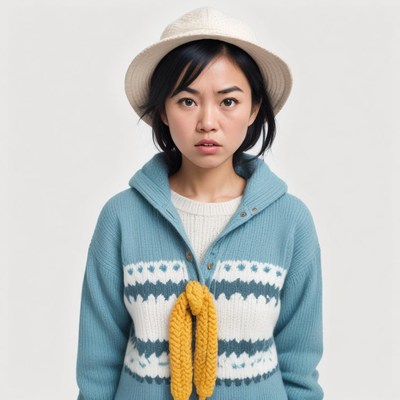 Young woman in cozy sweater and hat with serious expression