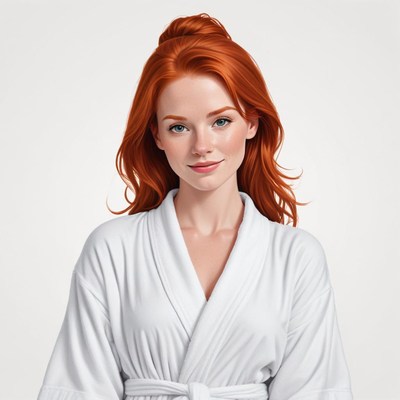Red-haired woman in a white robe smiling confidently