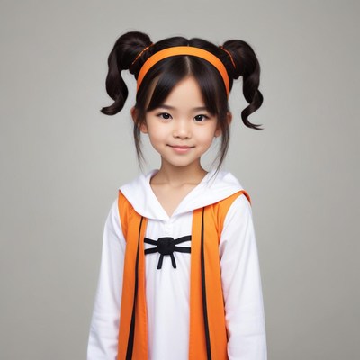 Child in orange costume with playful hairstyle poses