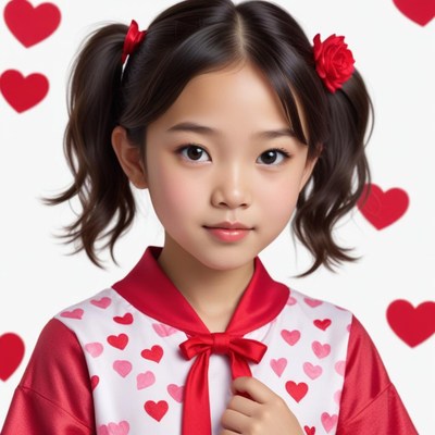 Young girl in heart-themed outfit with playful hairstyle