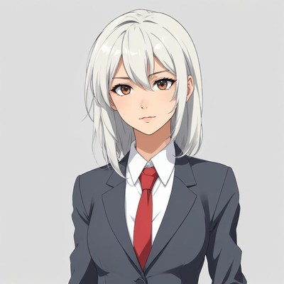Confident woman in a suit with silver hair standing still