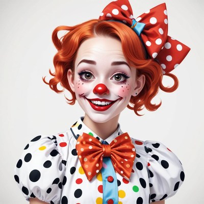 Clown performer with bright smile and polka dot outfit