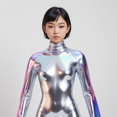 Fashion model poses in reflective outfit on plain background