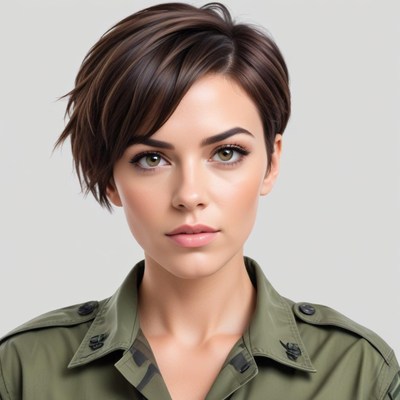 Confident woman in military-style outfit posing indoors