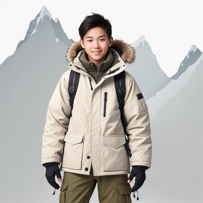 Young boy in winter jacket with mountains in background