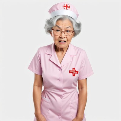 Elderly nurse in pink uniform expressing surprise or concern