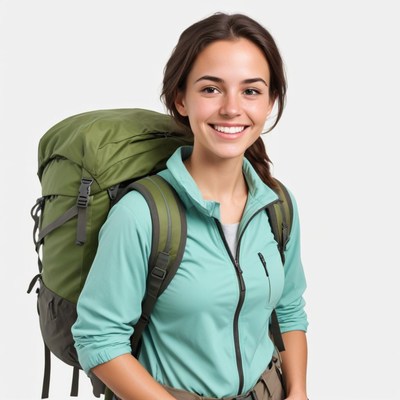 Smiling hiker ready for adventure in green backpack