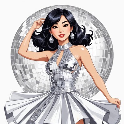 Dancing girl in a silver dress shines under the disco ball