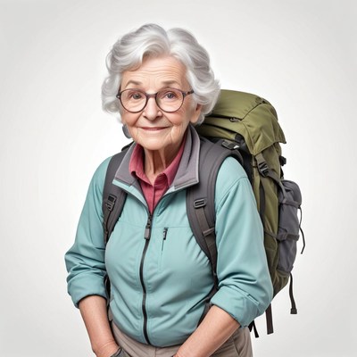 Elderly woman gearing up for an outdoor adventure