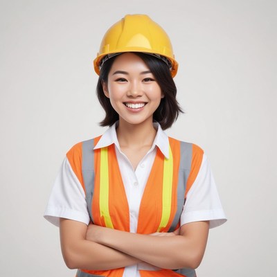 Construction worker smiles confidently in safety gear