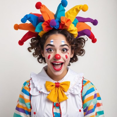 Joyful clown smiles with colorful hat and costume