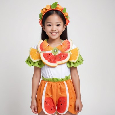 Girl in colorful fruit costume smiles cheerfully