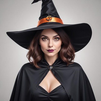 Witch in black hat and cape preparing for halloween night