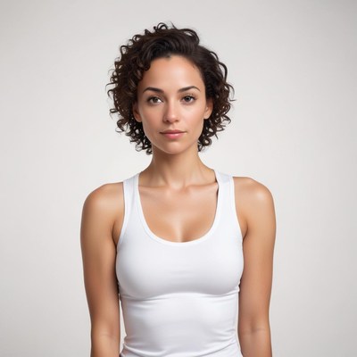 Young woman with curly hair posing confidently indoors