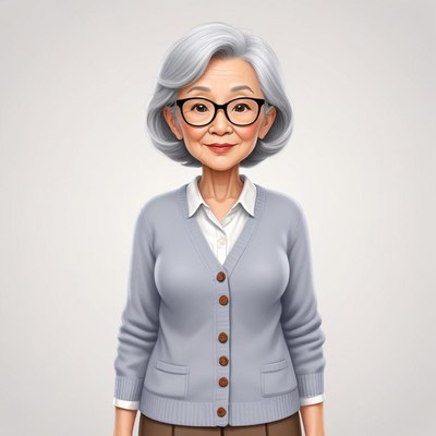 Elderly woman with gray hair and glasses smiling warmly