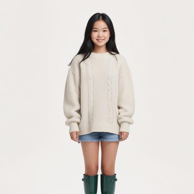 Smiling child in cozy sweater and boots on light background