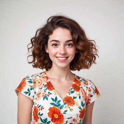 Smiling young woman with curly hair in floral dress