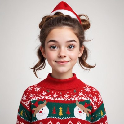 Cheerful girl in festive sweater with santa hat