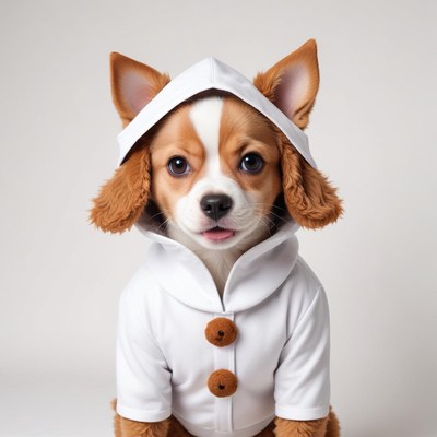 Cute dog dressed in a stylish white hoodie indoors