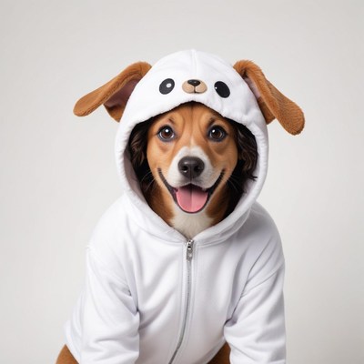 Happy dog in a cute hooded outfit with ears