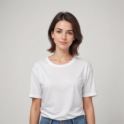Young woman poses in casual outfit on plain background