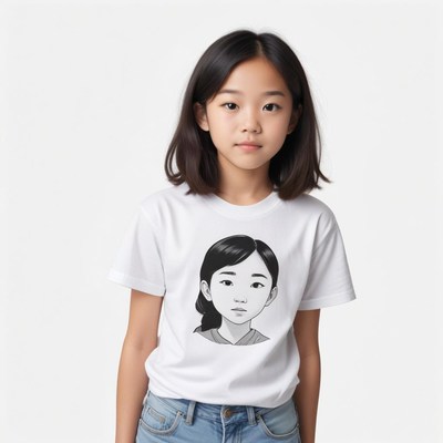 Girl in a white t-shirt with an artistic design