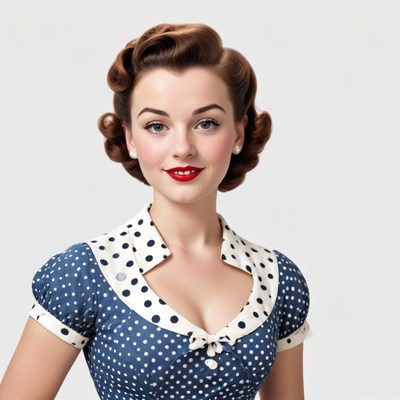Polka dot dress woman with retro hair and bright lips