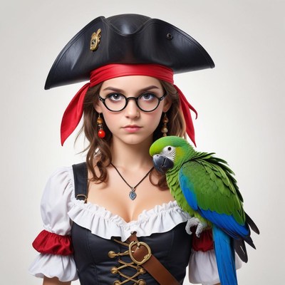 Pirate woman poses confidently with colorful parrot