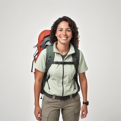 Smiling hiker prepares for adventure in the mountains