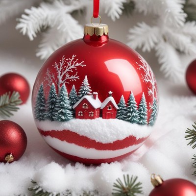 Beautiful red ornament with winter scene and snow